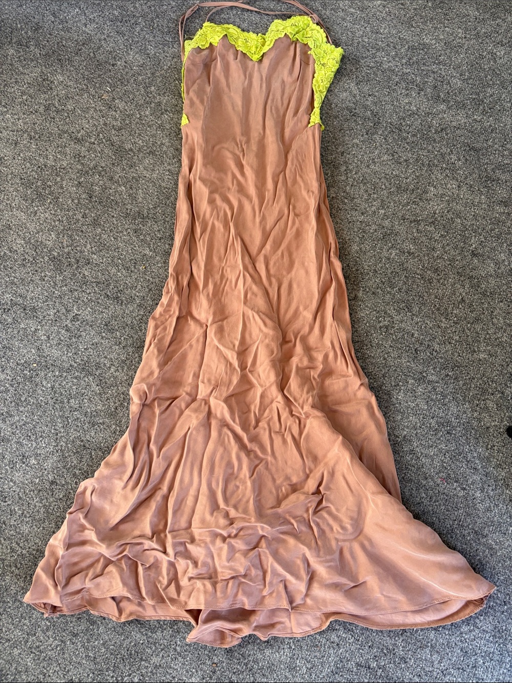 VRG GRL Lace-Trim Slip Dress in Brown and Lime Green - Size 6